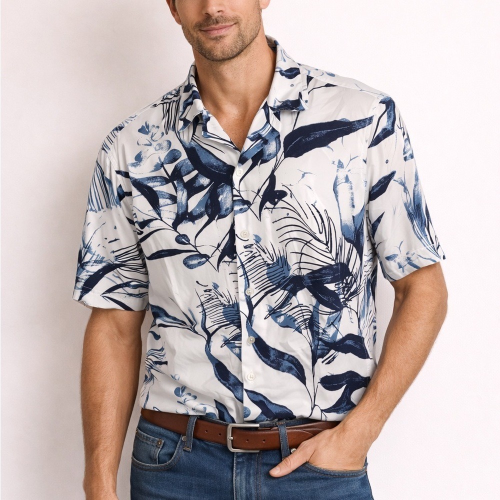 Porter & Ash Mens‎ Kinetic Stretch Short Sleeve Button Down Tropical Leaf Shirt